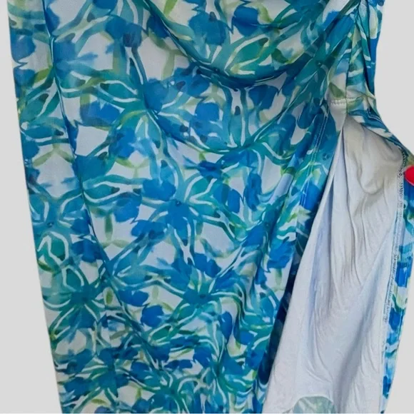 Anthropologie The Maya Ruched Cowl-Neck Dress Mesh Edition Blue Floral Dress - Picture 9 of 16
